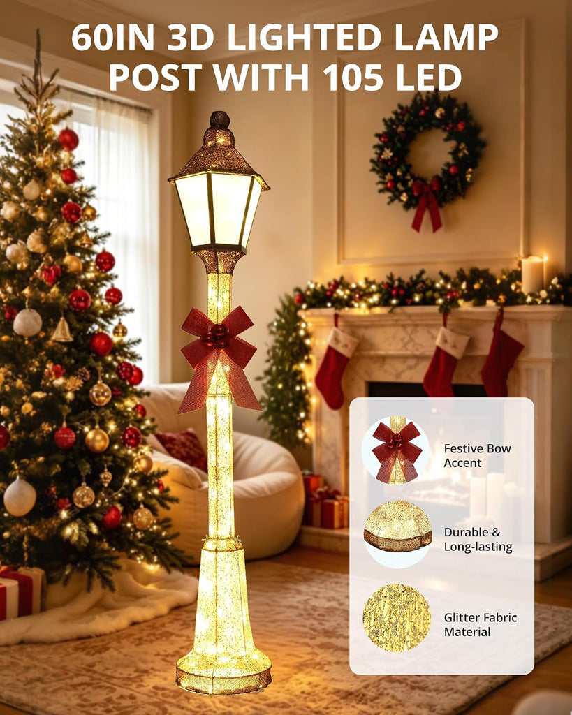 60-Inch Outdoor Christmas Decorations 3D Lighted Lamp Post with 105 LEDs