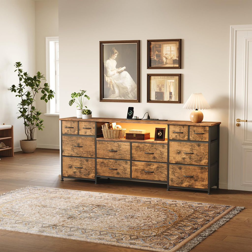 63 Inch 12 Drawers Long Dresser, Chest of Drawers, TV Stand with LED & Power Outlets, Entertainment Center with
