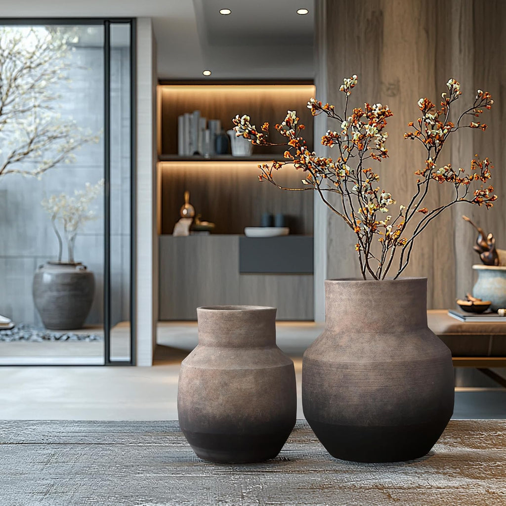 LuxenHome Round Ceramic Flower Vase, 13 Inch Brown Terracotta Vases | Vintage Large Pottery Decor Entry Way Table