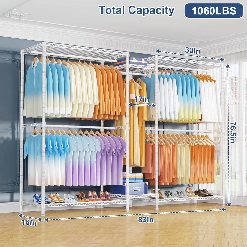 E12 Max Clothes Rack, Heavy Duty Freestanding Garment Rack with Shelves, Clothing Closet Storage System for Hanging