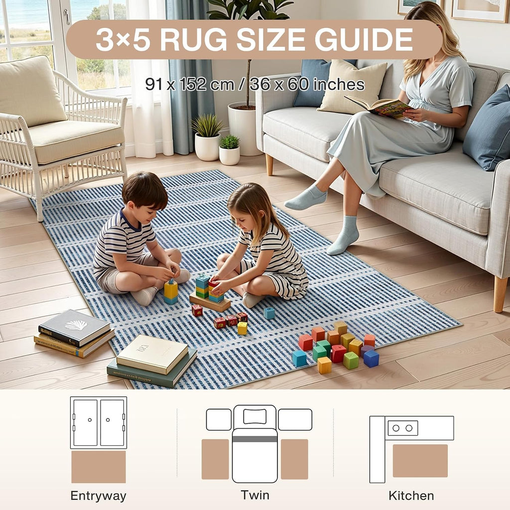 Ultra Thin Modern 3x5 Washable Area Rugs, Non-Slip Small Bedroom Kitchen Rugs, Blue Striped Farmhouse Indoor Carpet