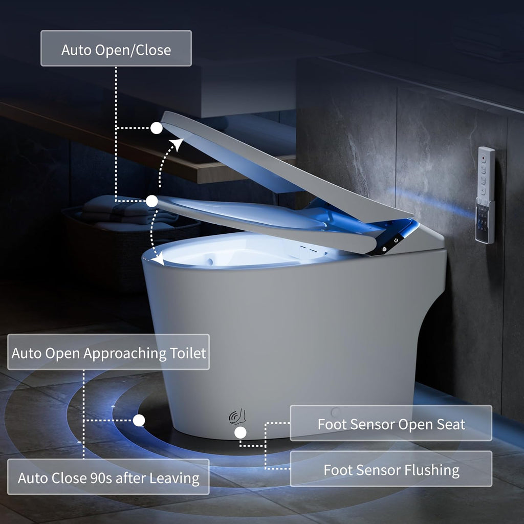 Smart One-Piece Toilet with Built-In Bidet and Tank, Powerful Flush, Foam System, ADA Comfort Height, Auto Open and Close, Blackout Flush, Heated Seat, Warm Water, Deodorizer