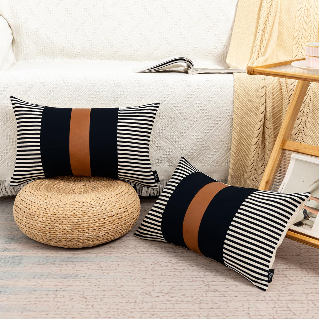 Brown and Black Decorative Pillow Cover Set of 2, Farmhouse Stripe Lumbar Pillow Cover 12x20 Modern Faux Leather