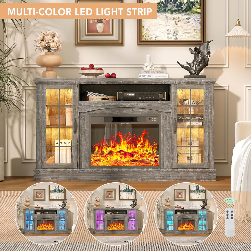 2-in-1 Multifunctional with 23" Removable Electric Fireplace, 58" Farmhouse Entertainment Center, Media Console Table