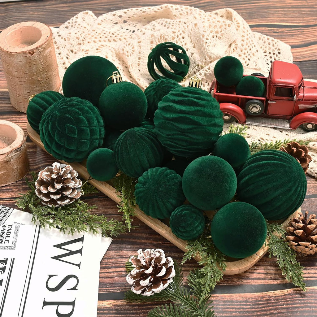 Velvet Ornaments Dark Green Flocked Christmas Ornaments Shatterproof Hanging Ball Set for Xmas Winter Holiday - Set of 38