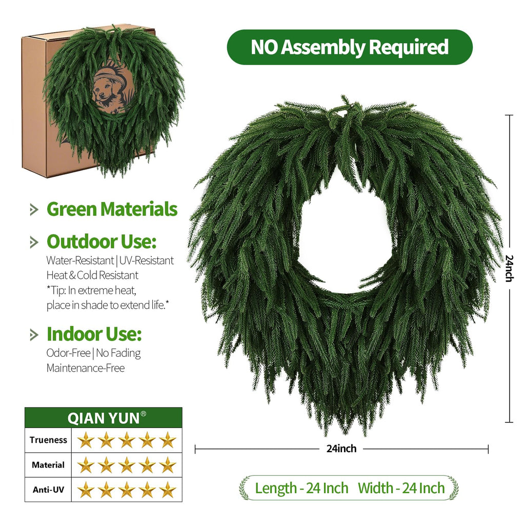 24" Norfolk Pine Christmas Wreath for Front Door - Large Artificial Greenery Wreath for Wall, Porch, or Indoor