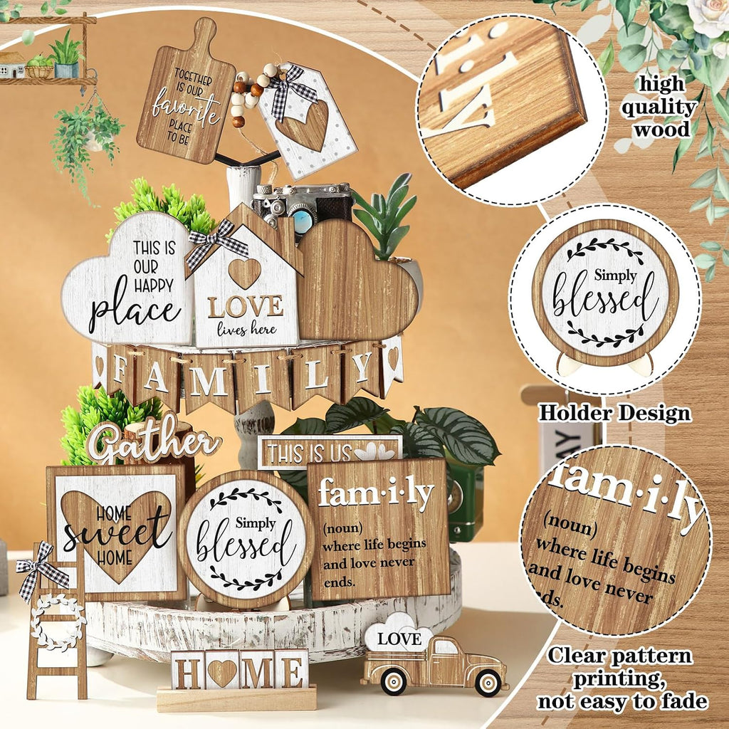 Farmhouse Tiered Tray Decor Rustic Wood Tabletop Signs Table Decor - Set of 21