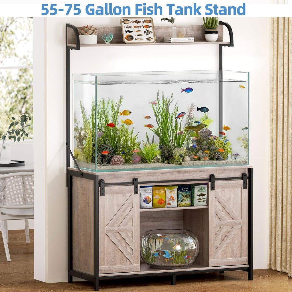 55-75 Gallon Fish Tank Stand with Power Outlets, Heavy Duty Metal Frame Aquarium Stand with Barn Door, Turtle Reptile