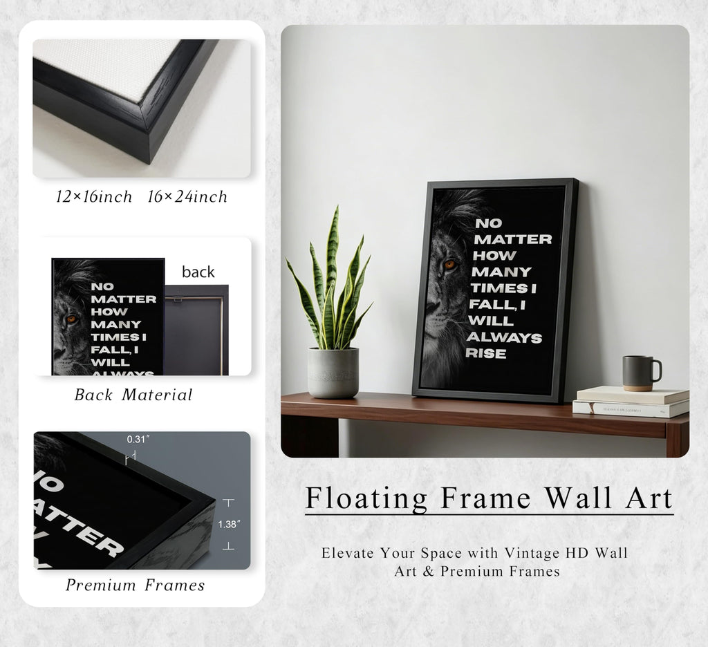 Floating Framed Black and White Lion Motivational Quote Canvas Wall Art