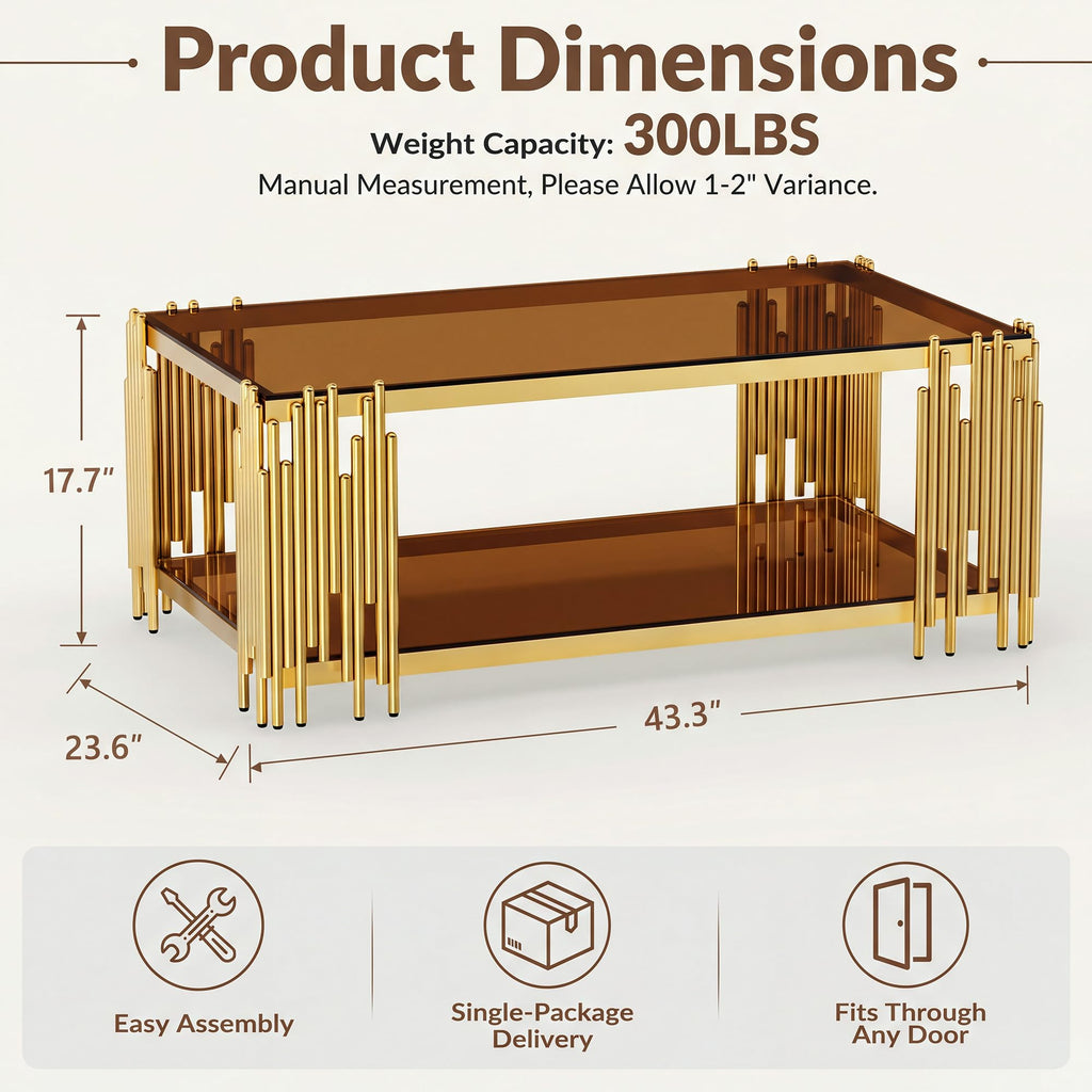 43" Luxury Gold Coffee Table with Brown Glass Tabletop & Gold Base