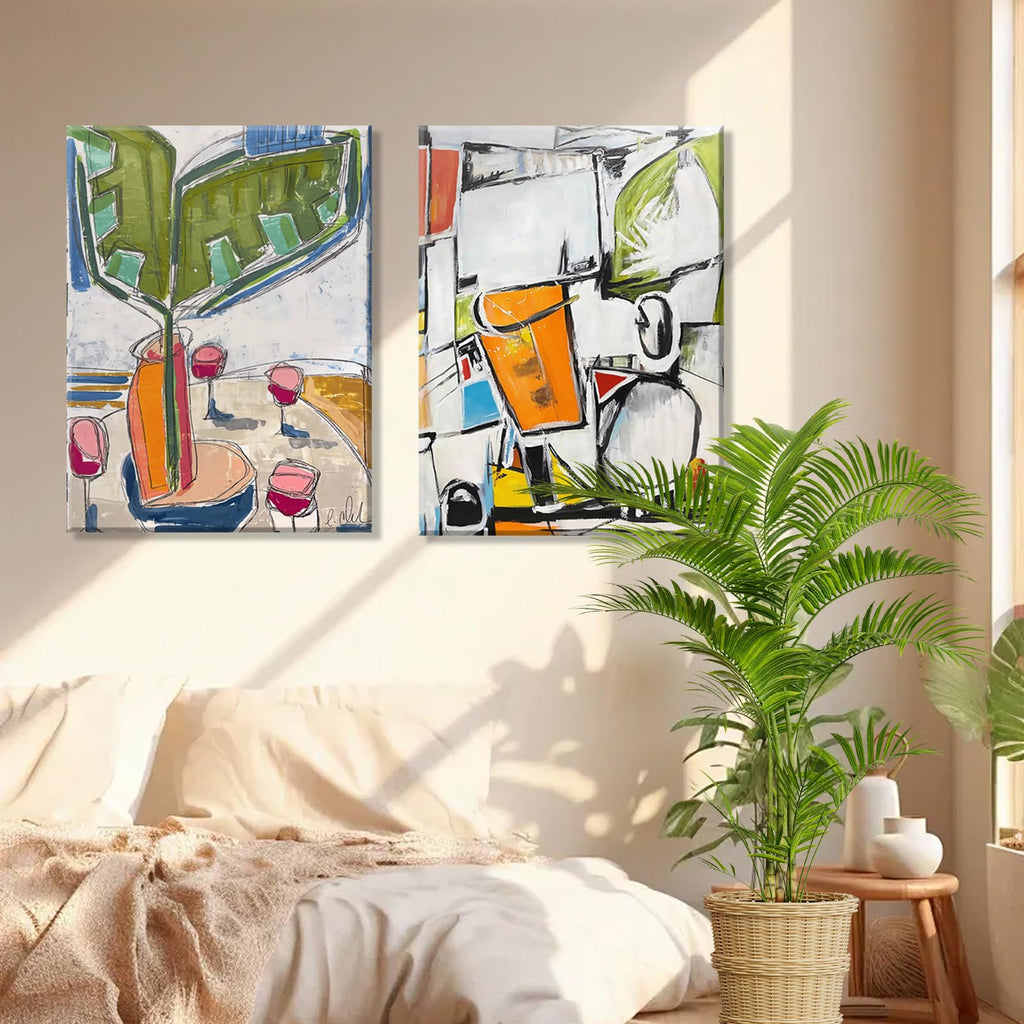 Framed 2pcs Abstract White Green Wall Art Geometric Print Colorful Dining Room Canvas Painting Modern Mexican Style