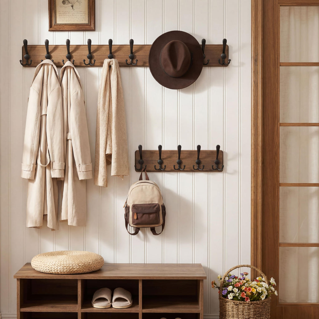 Rustic Coat Rack Wall Mount, Solid Wood Coat Hooks Wall Mounted Coat Hanger, 16" Hole to Hole, Hook Rack Rail, 5 Triple
