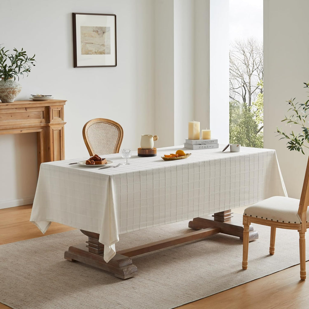 Linen Checked Table Cloth 60x104 Inches (Fit 6ft - 7ft, Narrow Fit 8ft Rectangle Table), Farmhouse Style Plaid