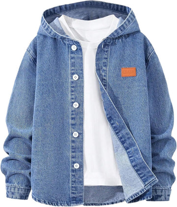 Boy's Hooded Denim Jacket Single Breasted Jean Coats Outerwear