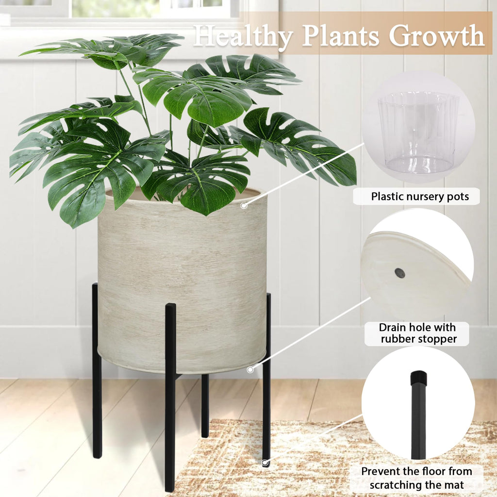 Modern Plant Pots, Large Planters with Stand, Set of 2 Decorative Planters, Metal Pots with Drainage Holes, Garden