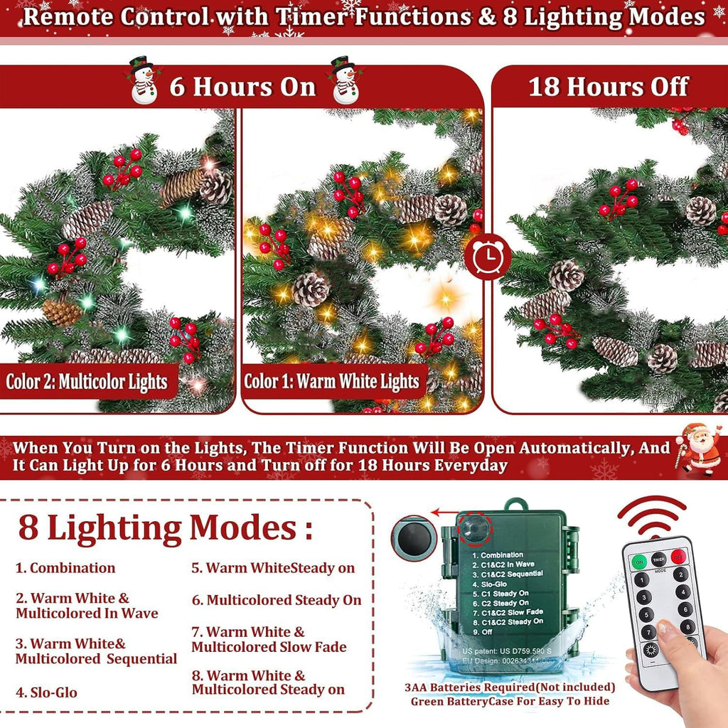 Remote Control&Super Long&8 Modes-18Ft Prelit Snowy Bristle Pine Christmas Garland for Stairs Door Porch Mantle