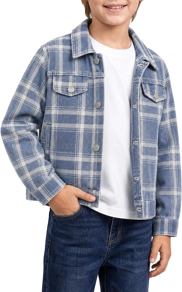 Boys Plaid Denim Jacket Trucker Shacket Kids School Jean Coat