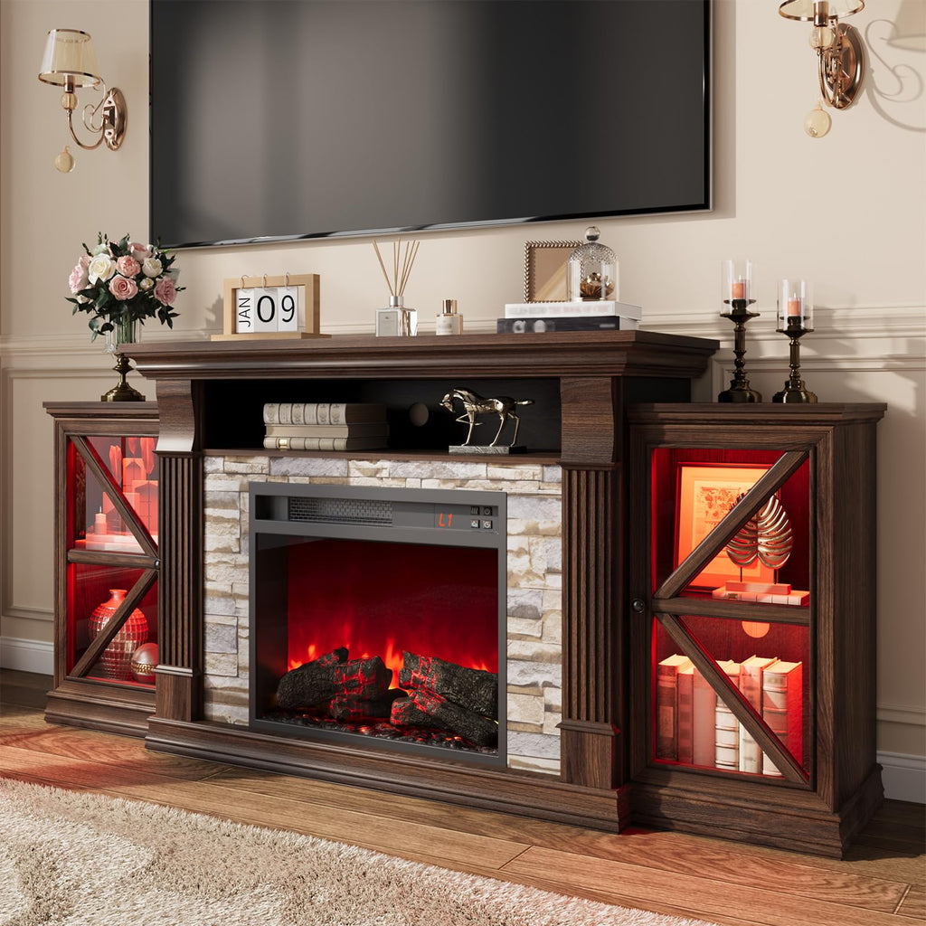 Electric Fireplace TV Stand, 70" Farmhouse Entertainment Center with Open Shelf and Glass Barn Door Cabniet, Modern