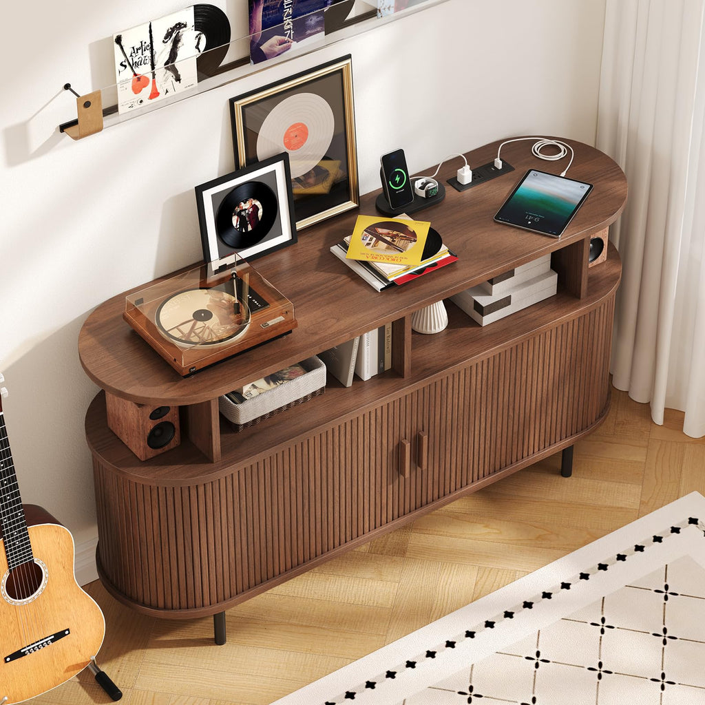 55" Large Round Record Player Stand with Charging Station, Walnut