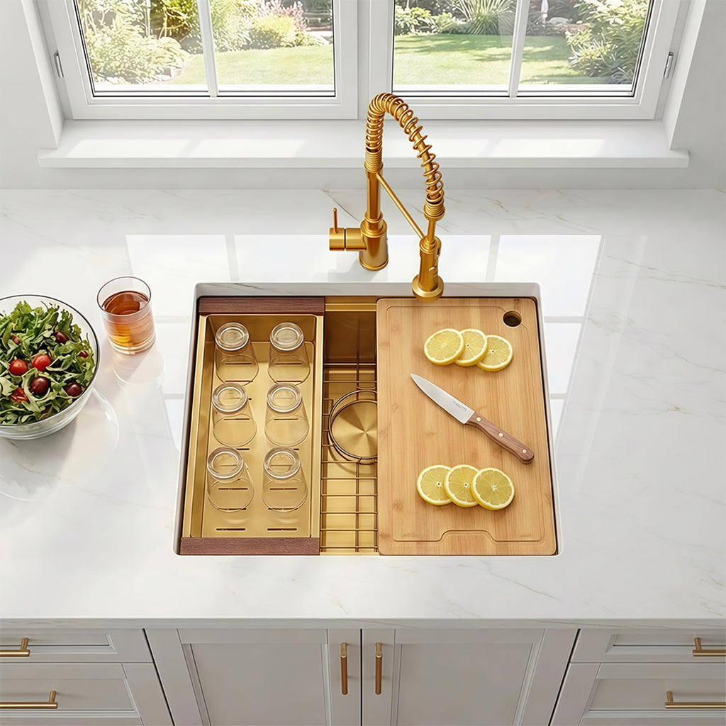 23 Inch Workstation Gold Kitchen Sink, 16 Gauge Undermount Sink