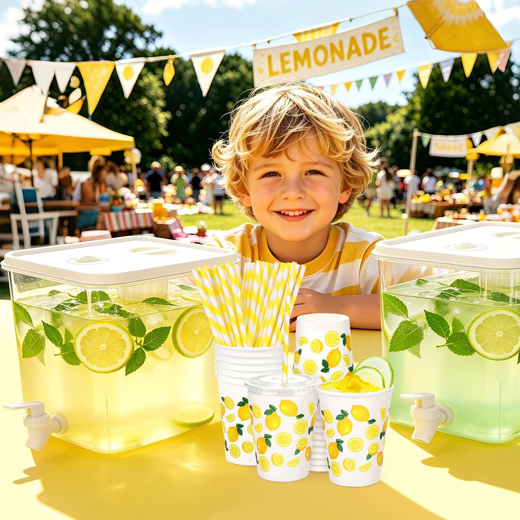 2.3 Gallon Lemonade Dispenser Plastic Drink Dispenser with Spigot 12 OZ Disposable Paper Cup with Lid - Set of 2