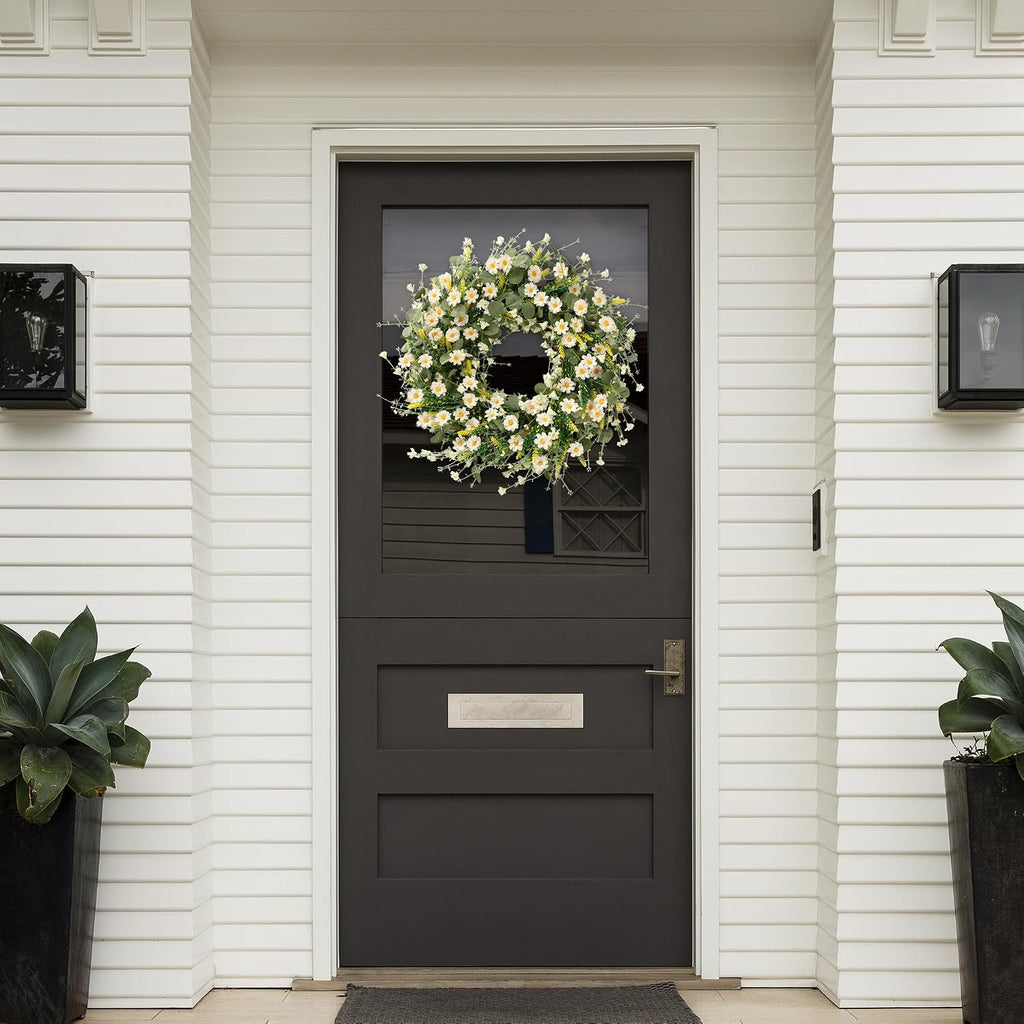 White Daisy Wreath 24 Inch with Fake Silk Floral Green Eucalyptus Leaves and Lavender for Spring Summer Front Door