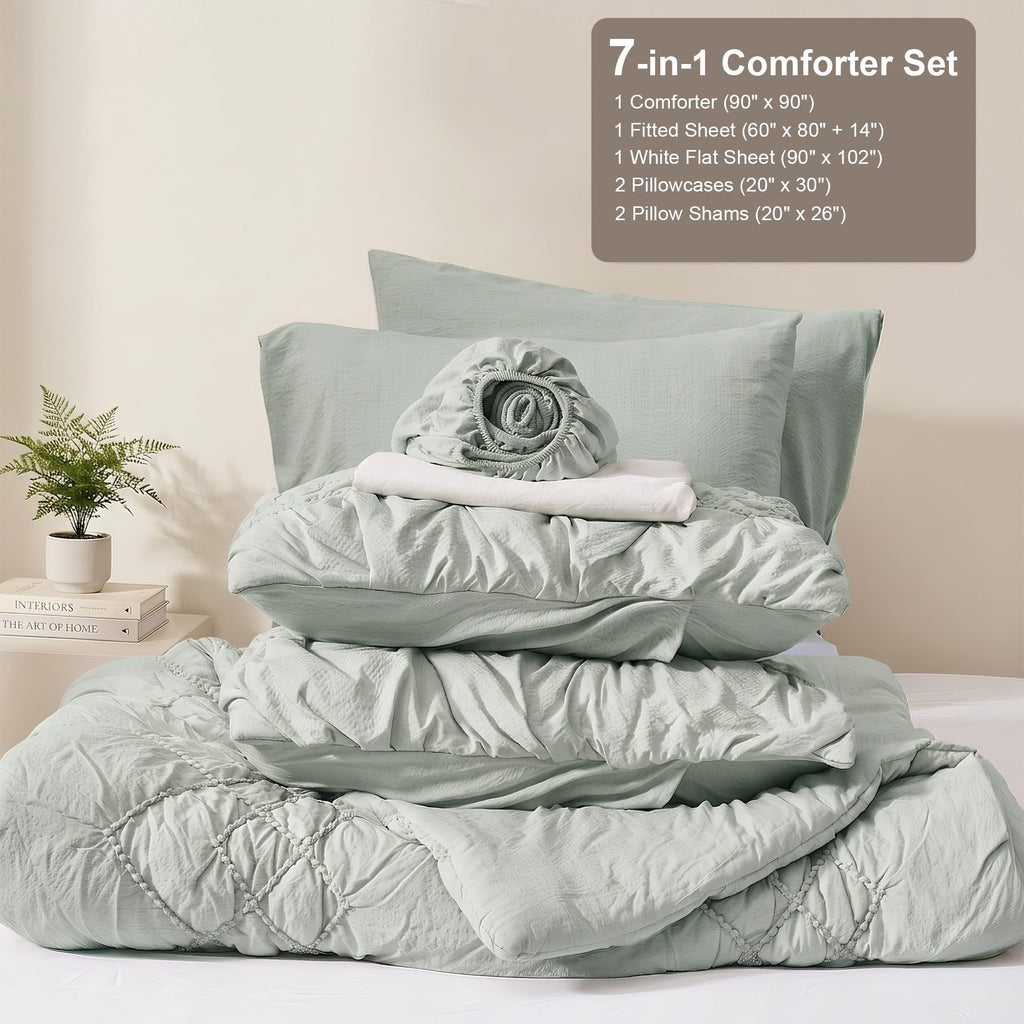 Comforter Set Green, 7-Piece Embroidered, Lightweight