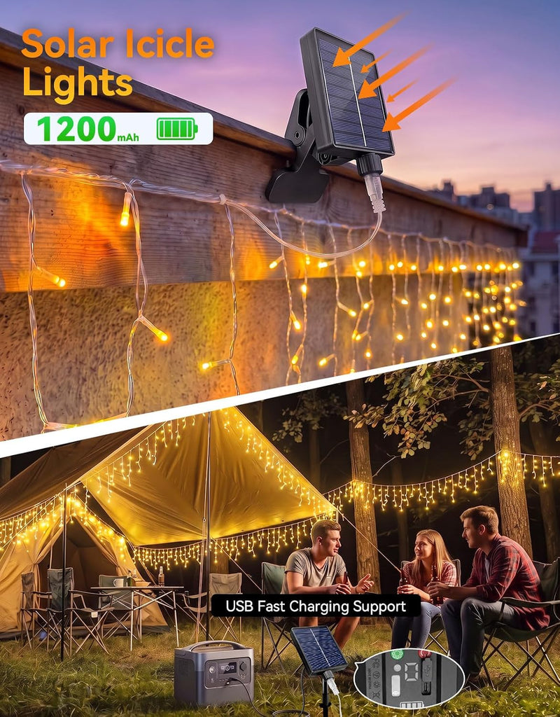 58FT Solar Christmas Icicle Lights Outdoor Waterproof with Remote