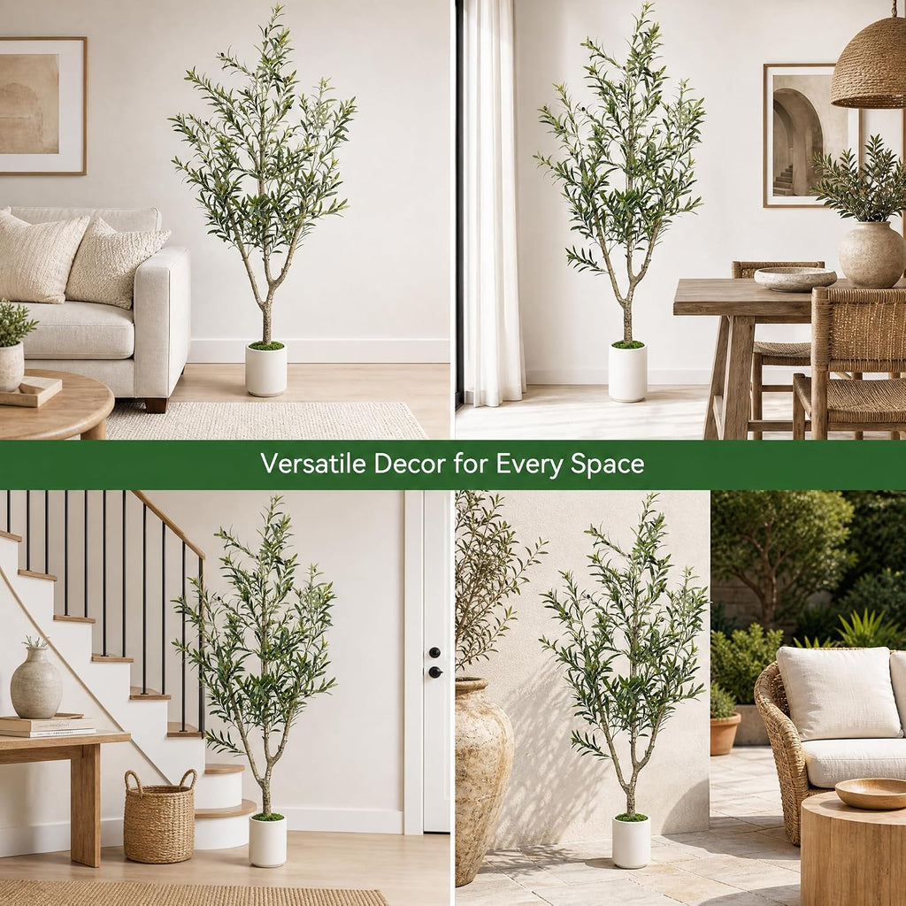 Olive Trees Artificial Indoor, 6ft Tall Olive Tree with White Planter, Faux olive tree with Natural Wood Trunk &
