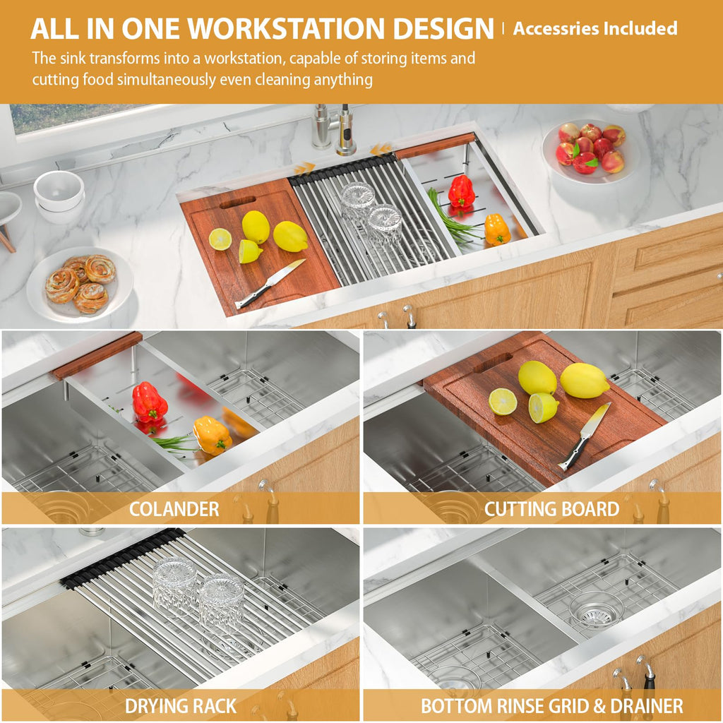 Double Bowl Kitchen Sinks - 50/50 Undermount Double Bowl 16 Gauge Low Divide Workstation 33 x 19 Inch Stainless Steel