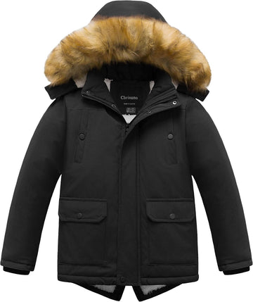 Boy's Waterproof Winter Sherpa Parka Coat Med-Length Outerwear Jackets With Detachable Furry Hood