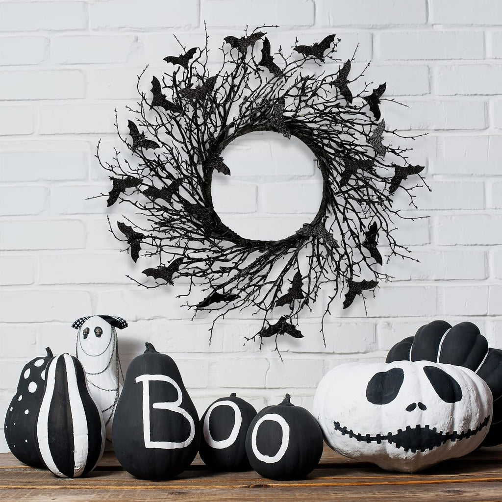 17.7"Artificial Black Twig Wreath with Glitter Bats - Handmade Sparkling Hanging Decorations for Front Door