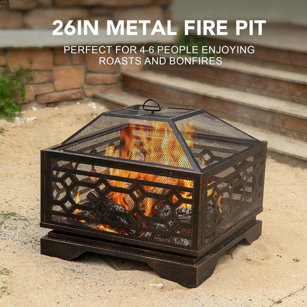 Outdoor Fire Pit, 26 Inch Wood Burning Firepit for Outside with Mesh Cover & Fire Poker, Large Square Metal Fireplace