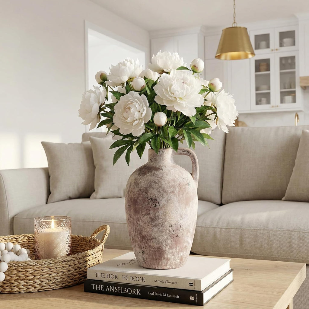 Ceramic Flower Vase with Handles,10" Neutral Tall Clay Terracotta Vases Farmhouse Table Vases with Handle Living Room