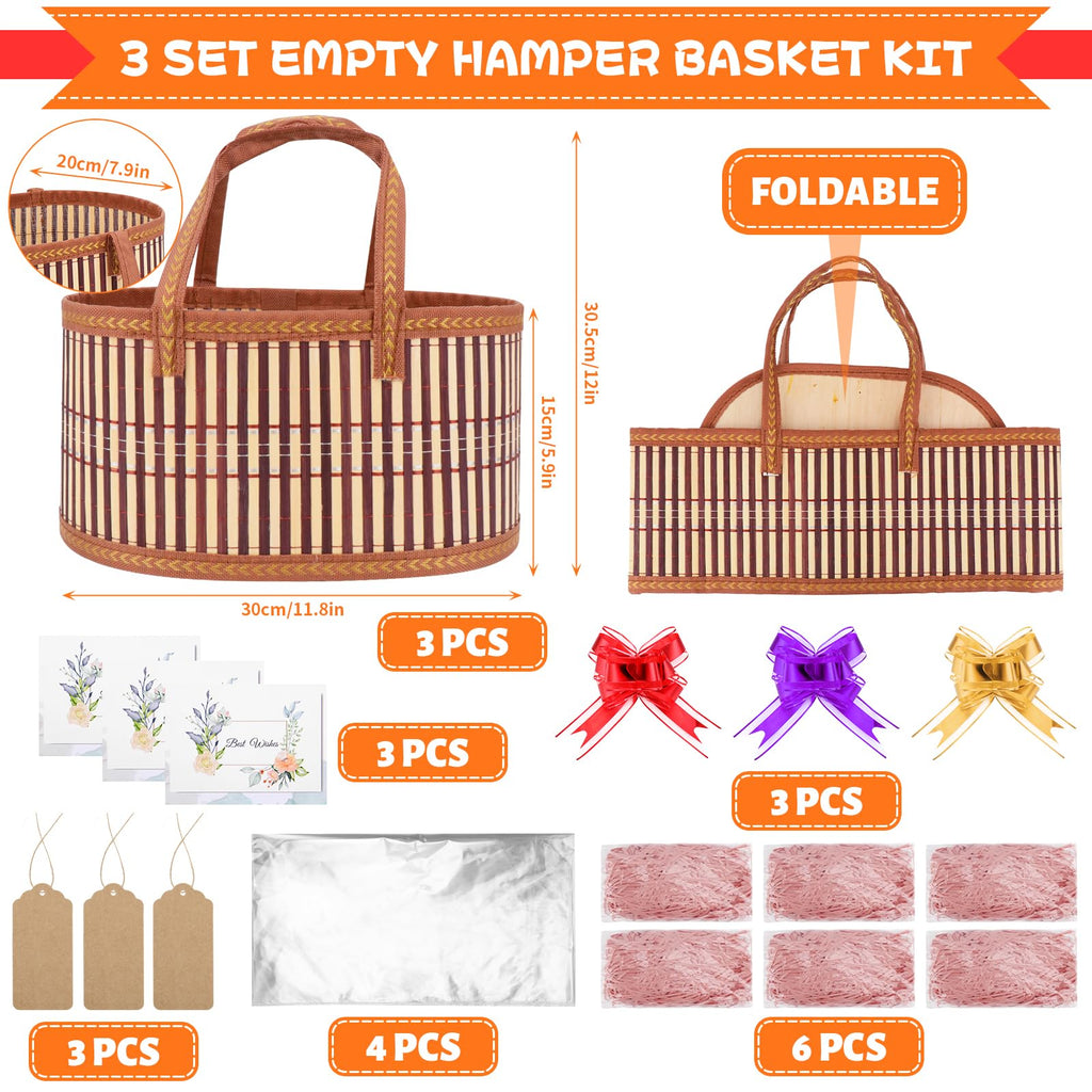 3 Pack Baskets for Gifts Empty, Woven Bamboo G-ift Basket Kit with Wrap Bags, Gift Card, Raffia and Pull Bows, Gifts