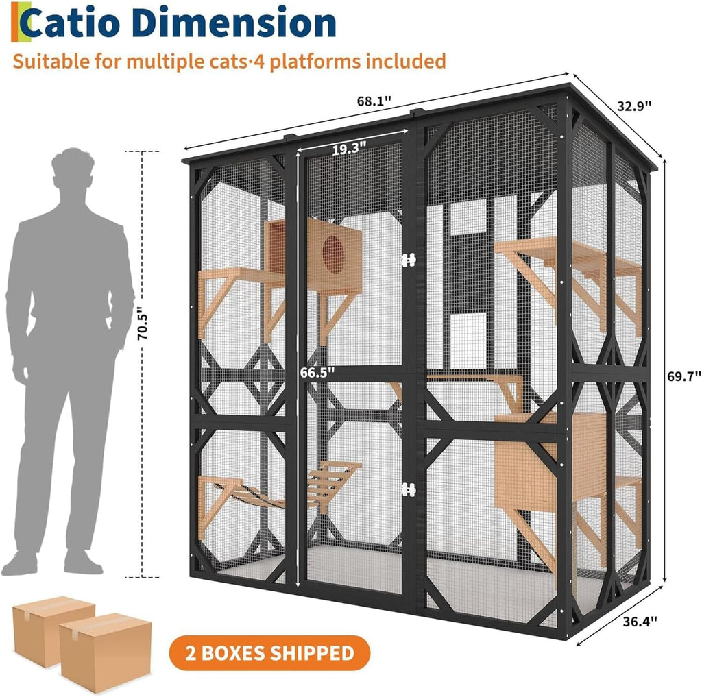 Large Walk-in Wooden Catio for 2-4 Cats - Outdoor Enclosure with Waterproof Roof & Sisal Mark-resistanting Post