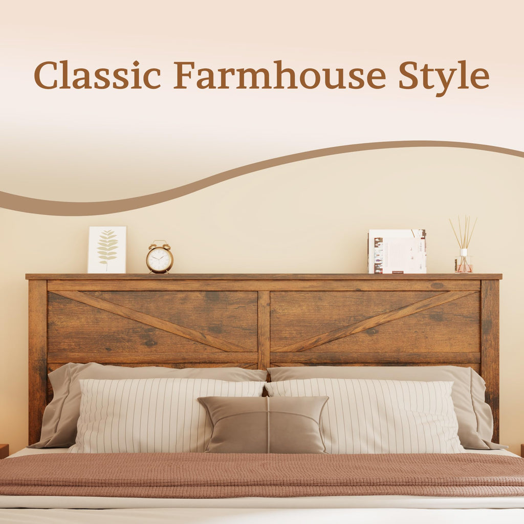 Farmhouse Wood Bed Frame with X-Shaped Panel Headboard, Brown