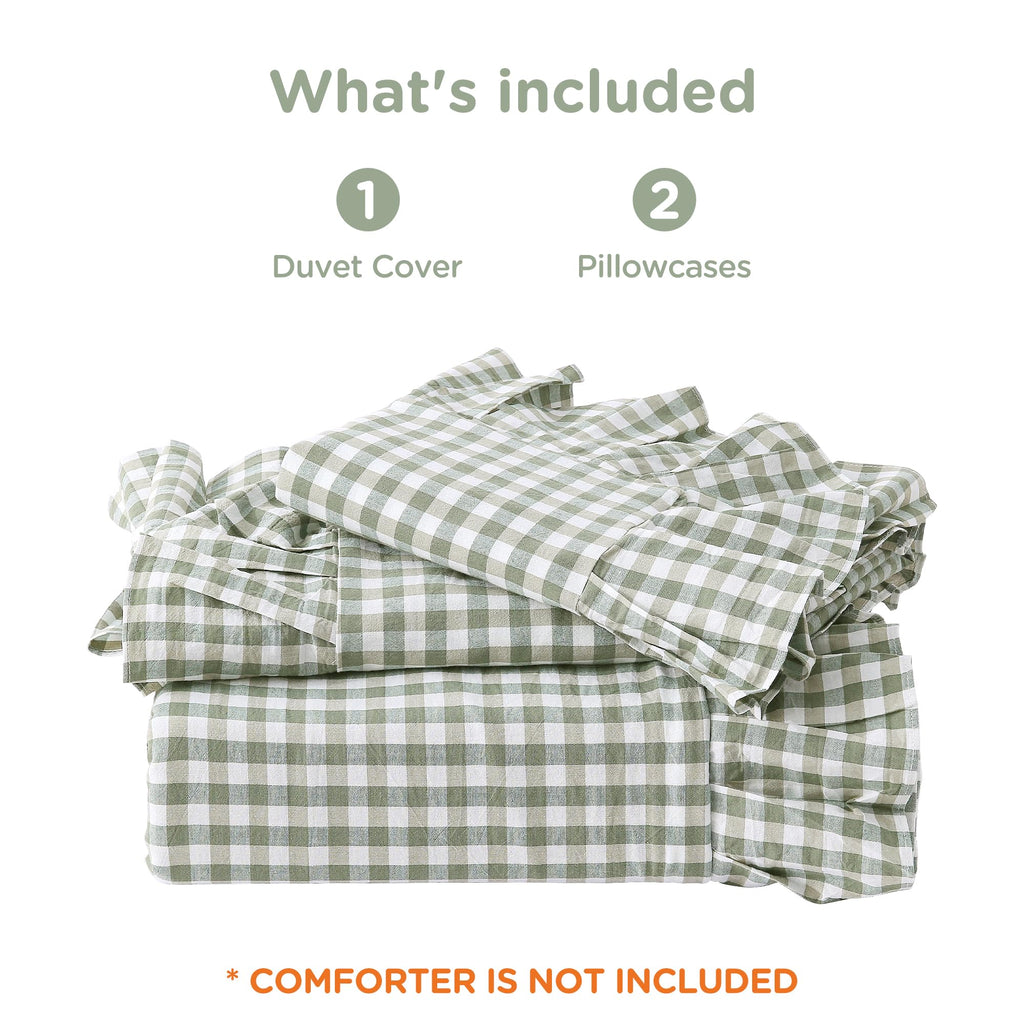 Green Gingham Ruffle Duvet Cover Set Cotton Like Linen