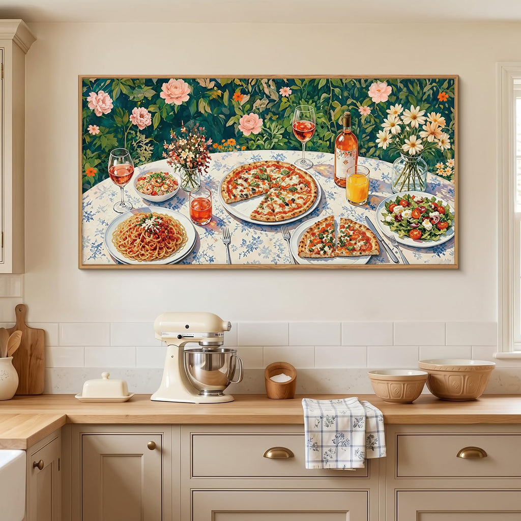 Large Vintage Italian Food Framed Canvas Wall Art, Rustic Floral Kitchen Wall Decor, Pizza Pasta Wine Table Art