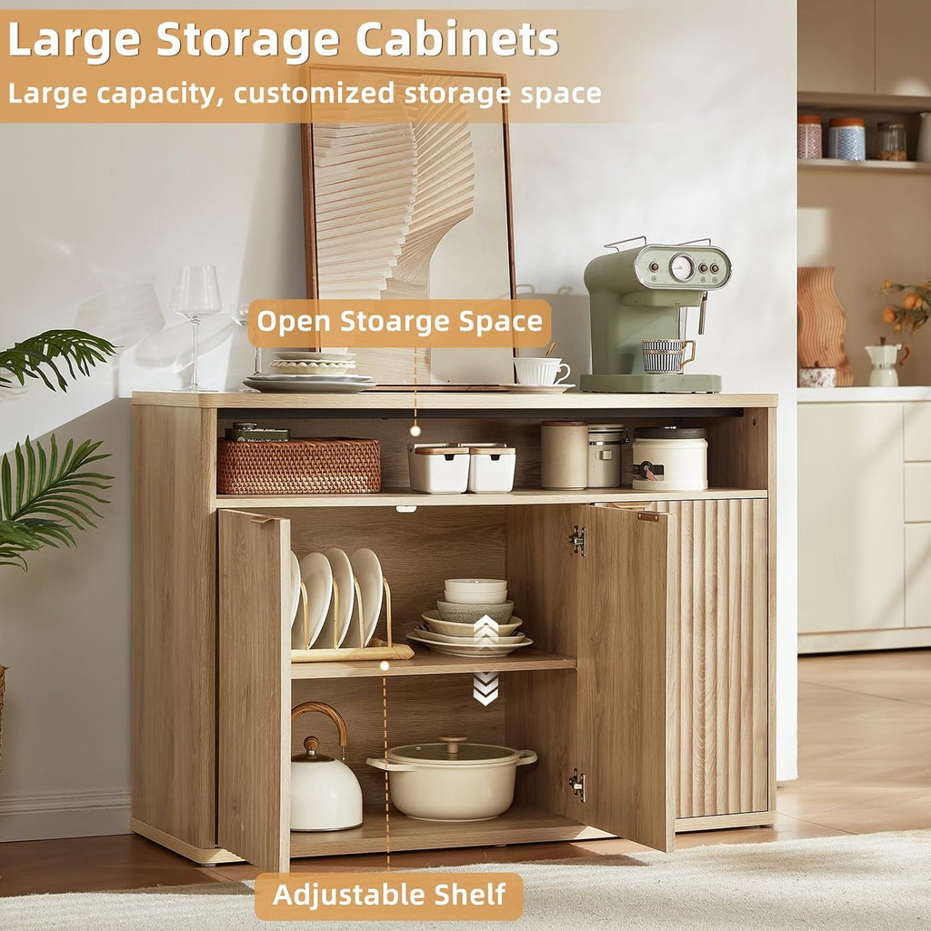 45" Fluted Buffet Cabinet with 3 Doors & Open Shelf - Natural Oak Sideboard Credenza with Gold Handles