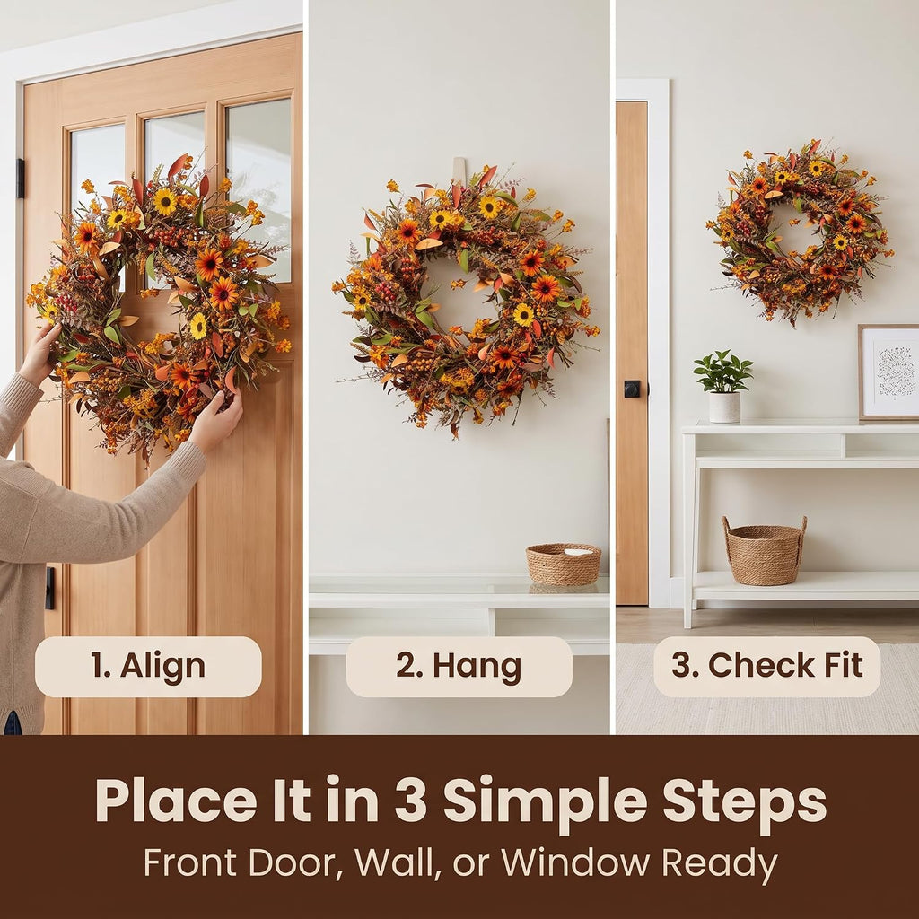24 Inch Fall Wreaths for Front Door, Artificial Autumn Wreath with Sunflowers, Berries and Leaves, Thanksgiving