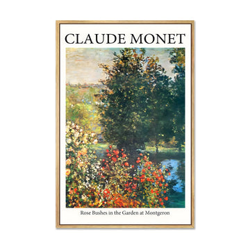 Monet Framed Canvas Wall Art, Rose Bushes in the Garden by Claude Monet, Paintings Reproduction Abstract Artwork