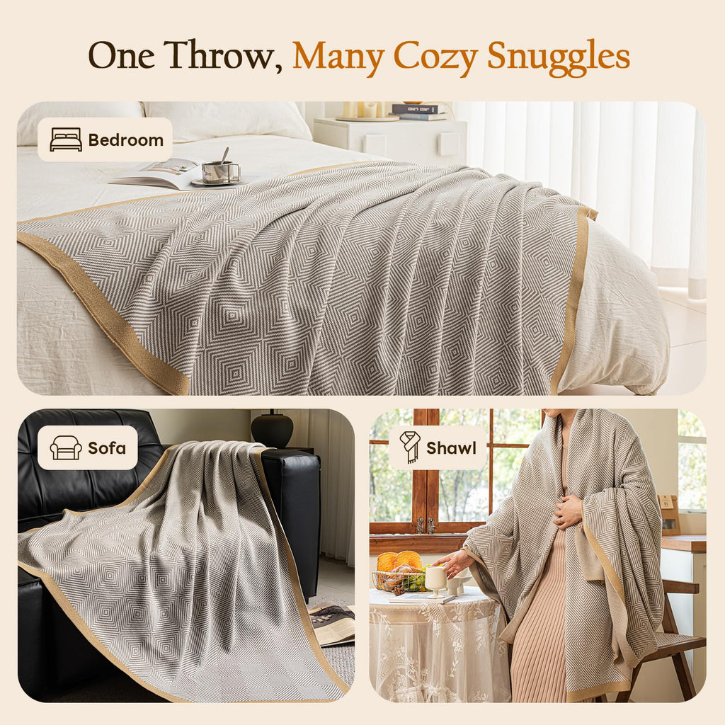 Geometric Woven Throw Blanket with Gold Trim for Sofa Bed Couch