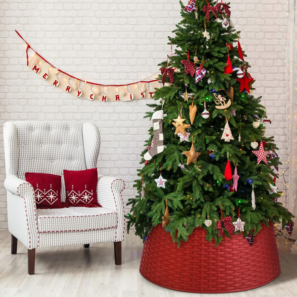 26 Inch Plastic Christmas Tree Collar, Large Woven Christmas Tree Collar Basket, Rustic Skirt Base Cover for Holiday