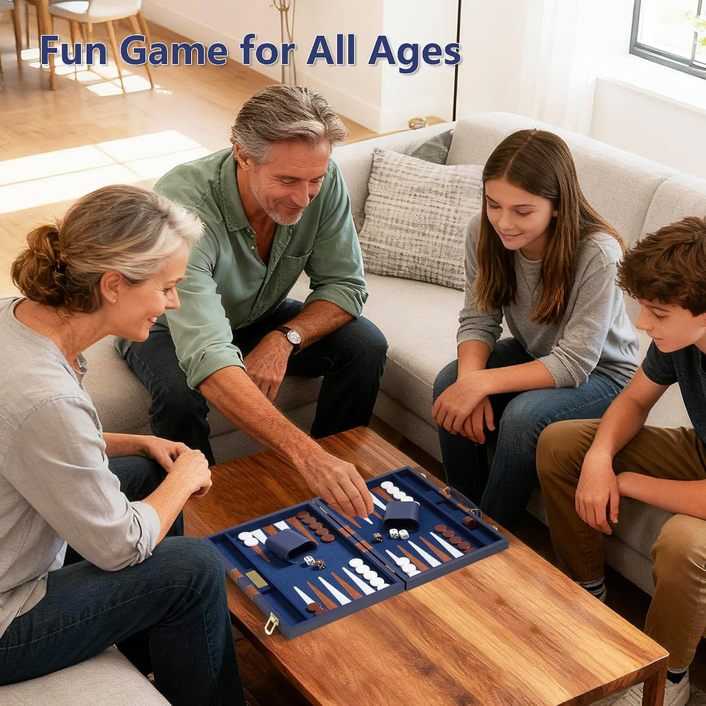 15 inch Backgammon Sets for Adults - Classic Board Game with Premium Sea Blue Leather Case - Travel Backgammon Set - Set of 32