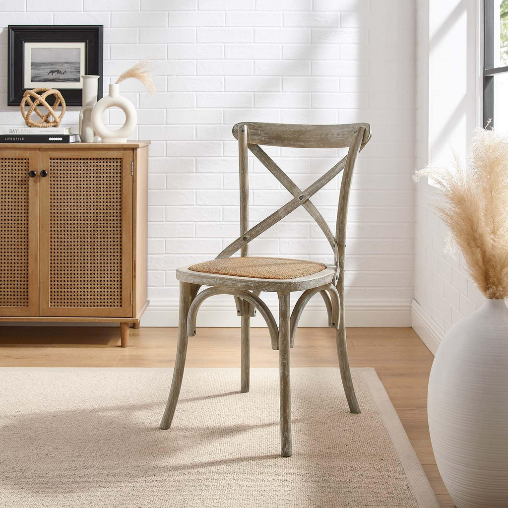 Gear Rustic Modern Farmhouse Elm Wood Rattan Dining Chair in Gray