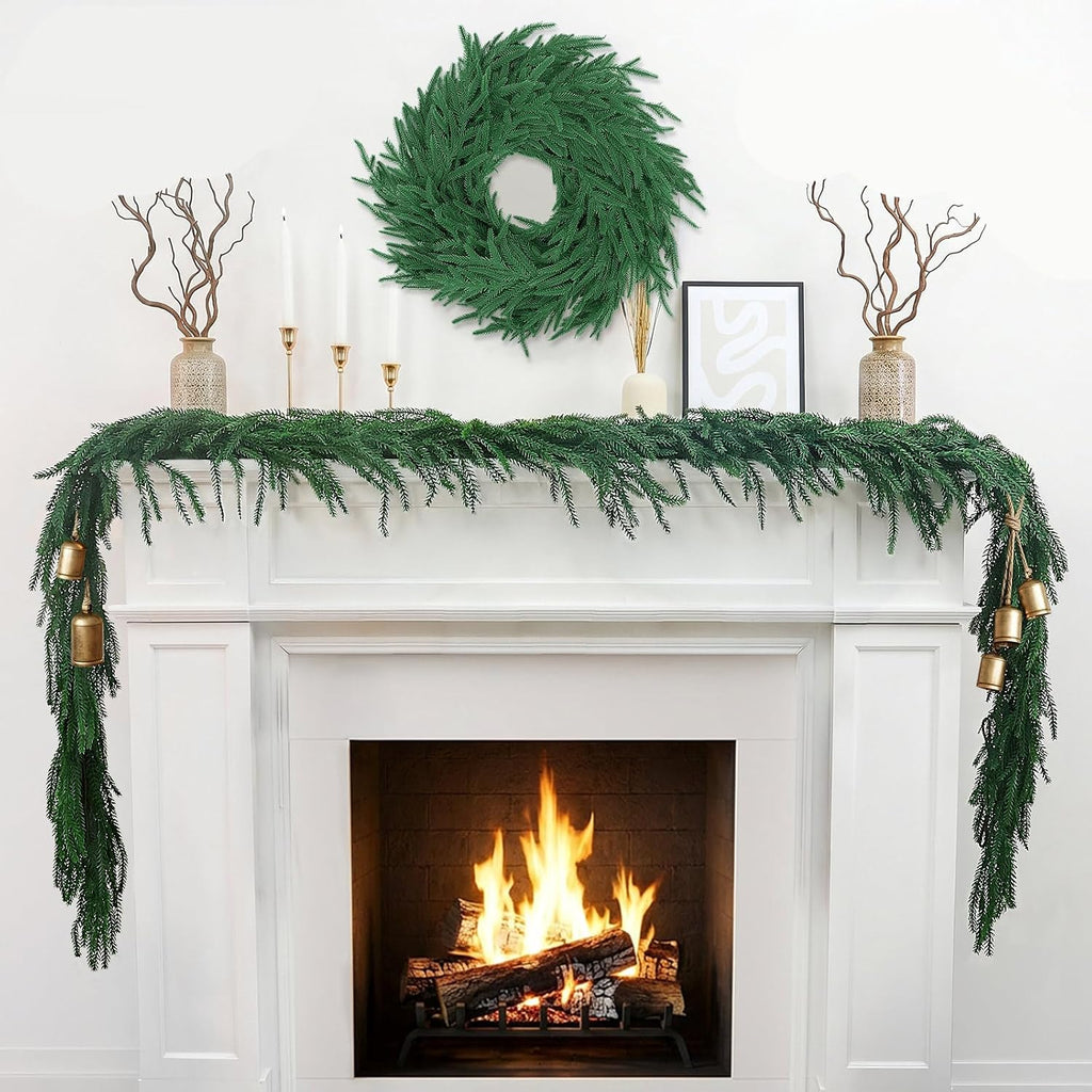 9Ft 2Pcs Artificial Norfolk Pine Garland, Real Touch Faux Greenery for Fireplace Mantel Staircase Wall, Christmas