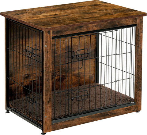 Dog Crate Furniture with Cushion, Wooden Kennel Table with Double Doors, Indoor Dog House