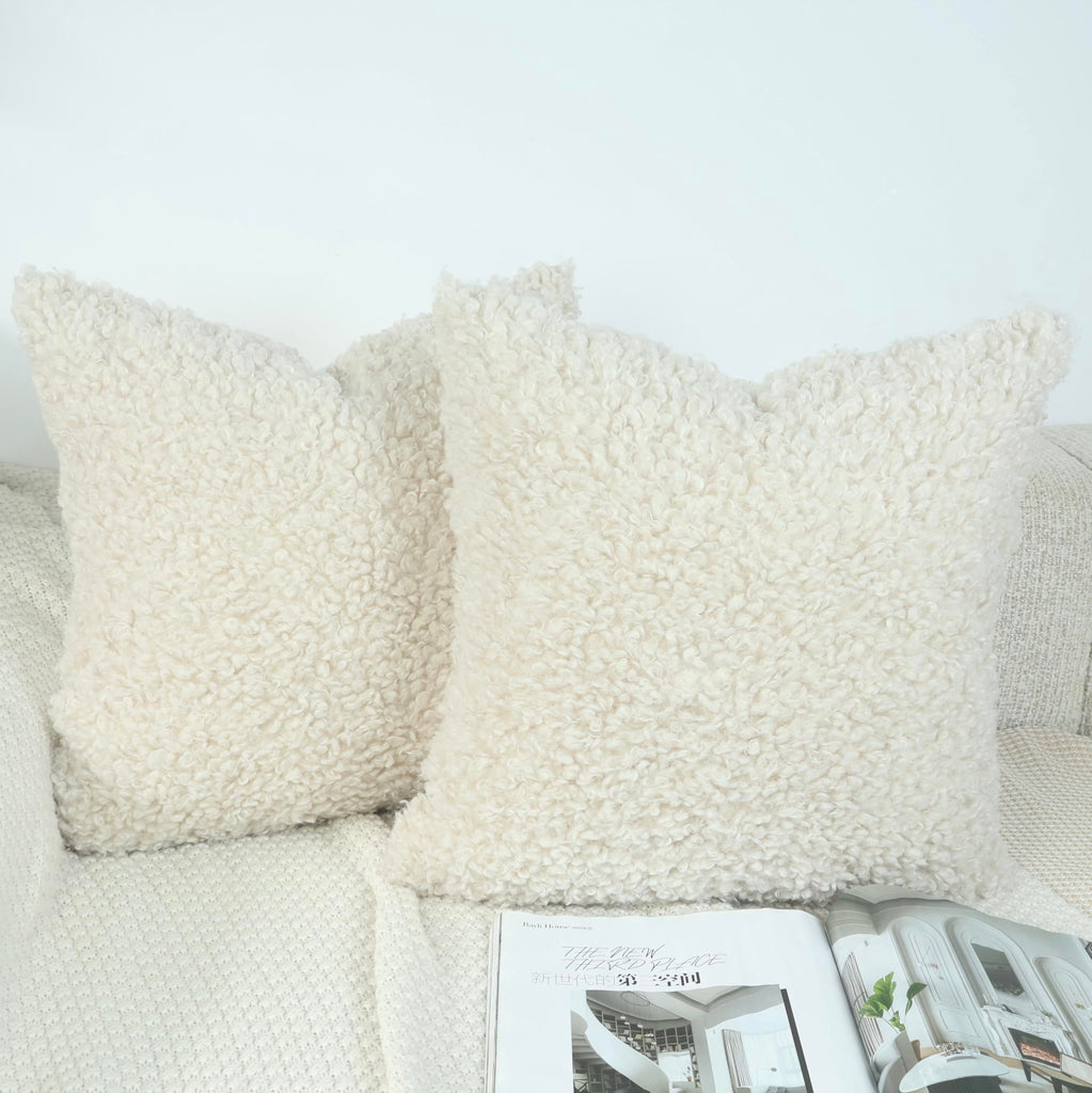Light Beige Faux Fur Decorative Pillow Covers 20x20 Soft Fluffy Sherpa Boucle Throw Pillows Teddy Bear Textured