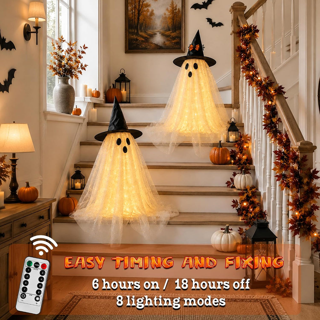 Halloween Decorations Indoor,Ghost Decor with String Lights Remote Control,Halloween Party Decorations,Spooky - Set of 2